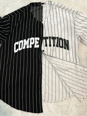 SHEIN Black & White Pinstripe 'COMPETITION' Baseball Jersey